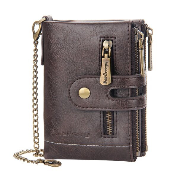 RFID Blocking Men’s Leather Bifold ID Cards Holder Chain Wallet w/ Zip Pockets - Picture 1 of 4